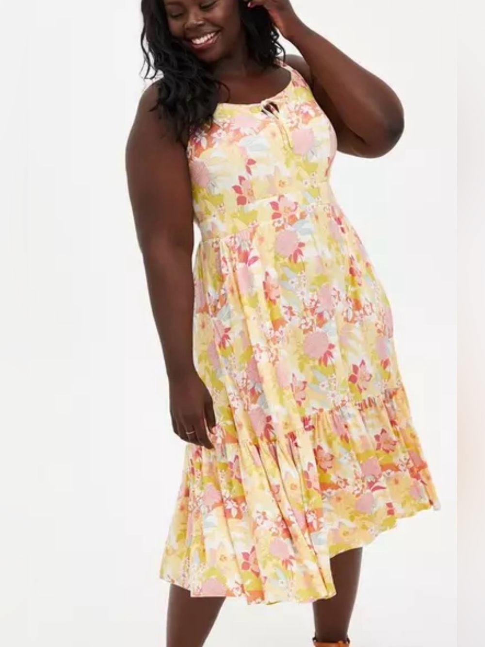 Torrid Yellow Floral Midi Super Soft Knit Tiered Dress Size 2- 2XL Sleeveless